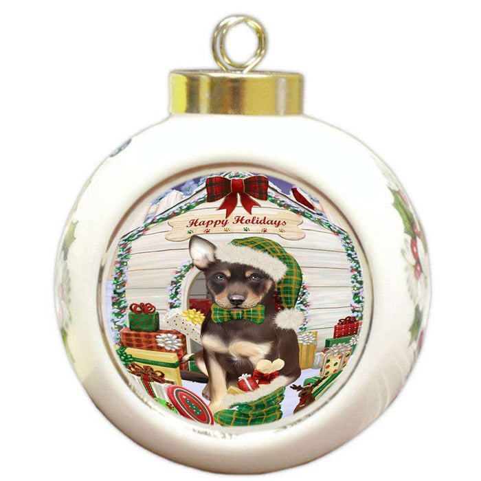 Happy Holidays Christmas Australian Kelpie Dog House with Presents Round Ball Christmas Ornament RBPOR51316