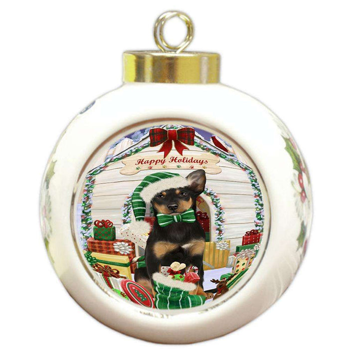 Happy Holidays Christmas Australian Kelpie Dog House with Presents Round Ball Christmas Ornament RBPOR51317