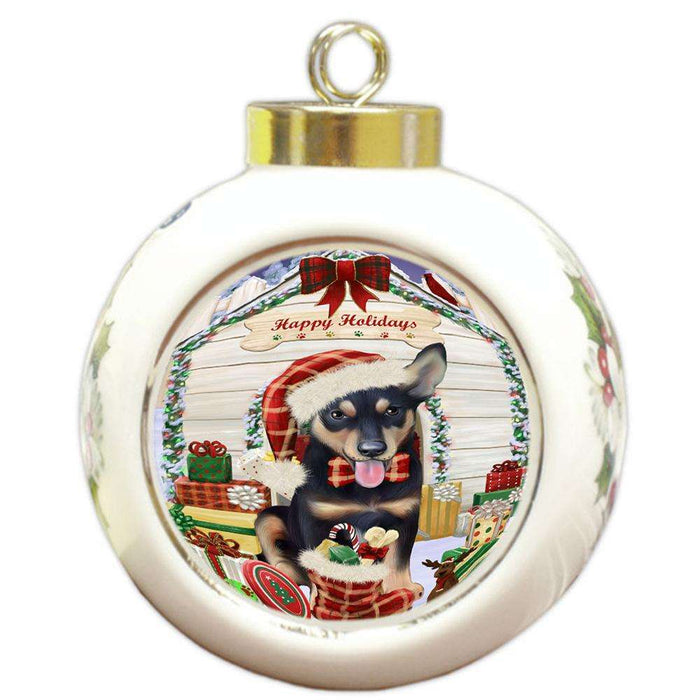 Happy Holidays Christmas Australian Kelpie Dog House with Presents Round Ball Christmas Ornament RBPOR51318