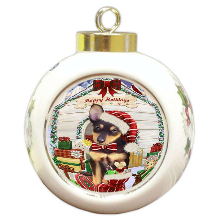 Happy Holidays Christmas Australian Kelpie Dog House with Presents Round Ball Christmas Ornament RBPOR51319