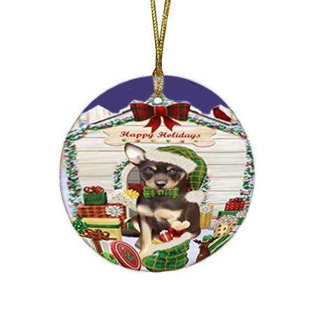 Happy Holidays Christmas Australian Kelpie Dog House with Presents Round Flat Christmas Ornament RFPOR51307