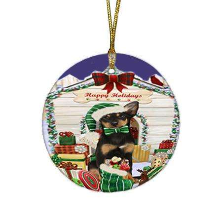 Happy Holidays Christmas Australian Kelpie Dog House with Presents Round Flat Christmas Ornament RFPOR51308