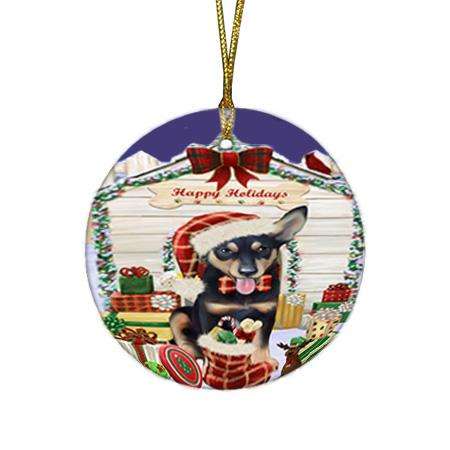 Happy Holidays Christmas Australian Kelpie Dog House with Presents Round Flat Christmas Ornament RFPOR51309