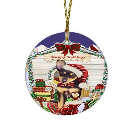 Happy Holidays Christmas Australian Kelpie Dog House with Presents Round Flat Christmas Ornament RFPOR51310