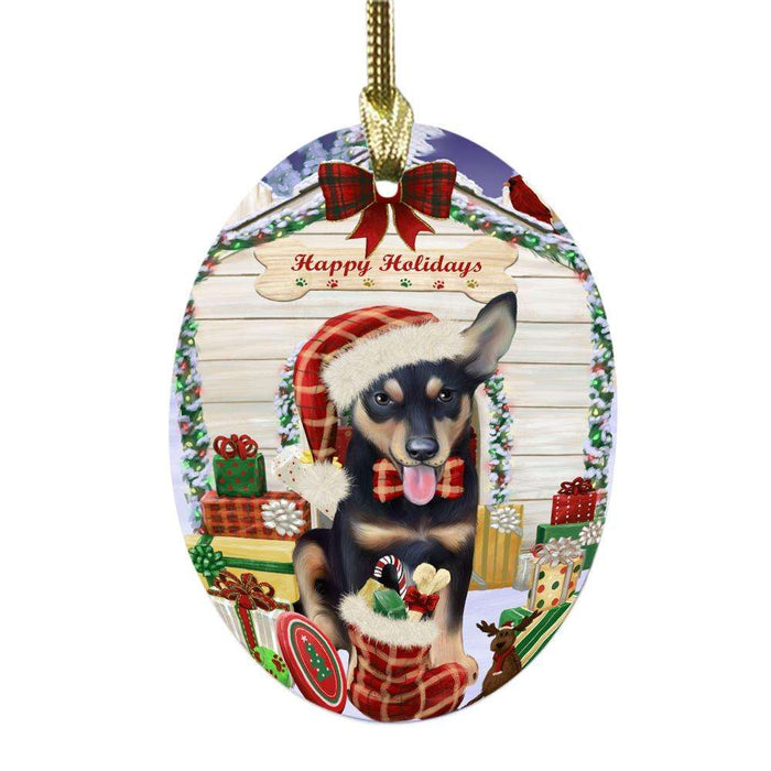 Happy Holidays Christmas Australian Kelpie House With Presents Oval Glass Christmas Ornament OGOR49764