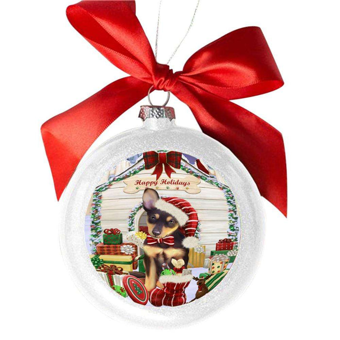 Happy Holidays Christmas Australian Kelpie House With Presents White Round Ball Christmas Ornament WBSOR49765