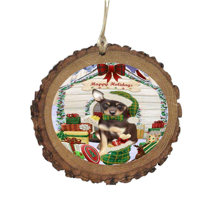 Happy Holidays Christmas Australian Kelpie House With Presents Wooden Christmas Ornament WOR49762