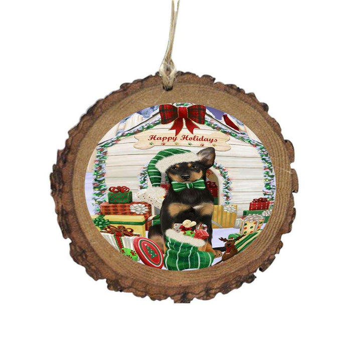 Happy Holidays Christmas Australian Kelpie House With Presents Wooden Christmas Ornament WOR49763