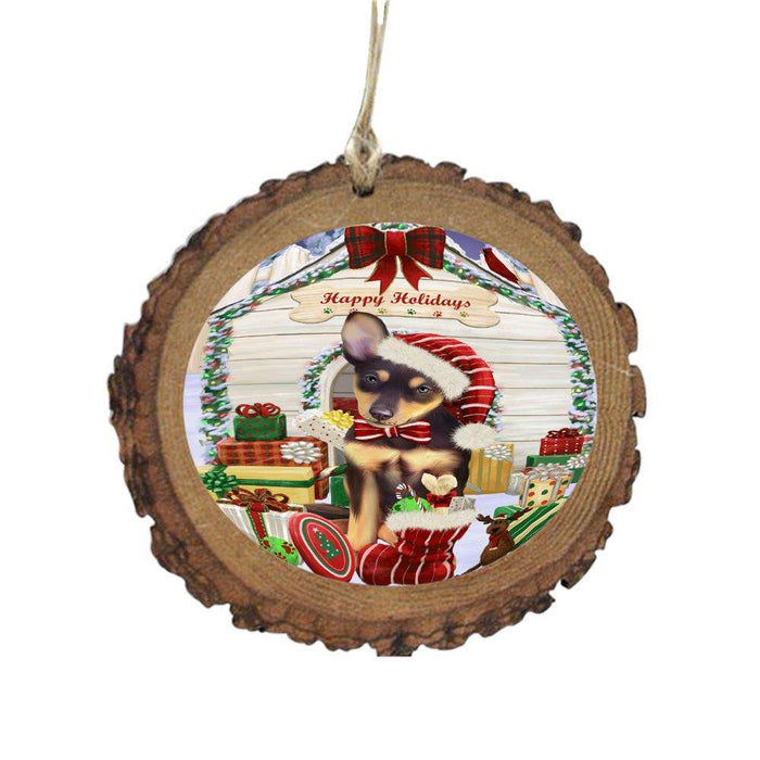 Happy Holidays Christmas Australian Kelpie House With Presents Wooden Christmas Ornament WOR49765