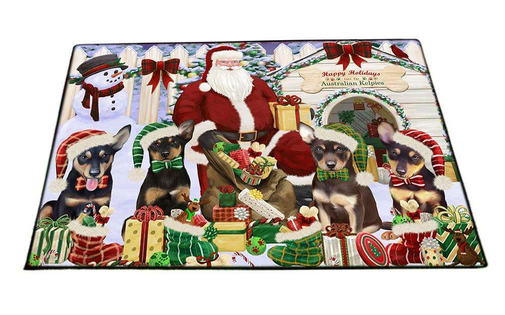 Happy Holidays Christmas Australian Kelpies Dog House Gathering Floormat FLMS51033