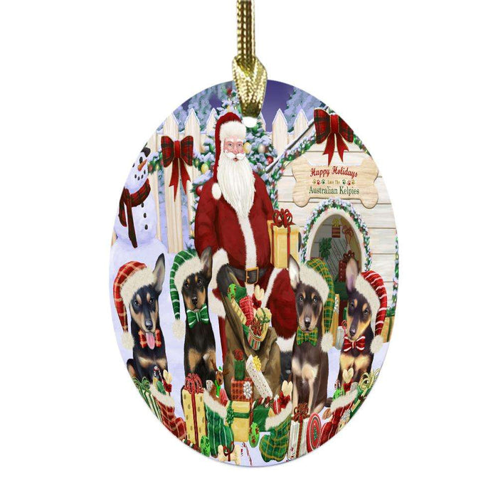 Happy Holidays Christmas Australian Kelpies Dog House Gathering Oval Glass Christmas Ornament OGOR49677