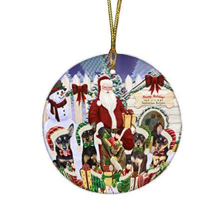 Happy Holidays Christmas Australian Kelpies Dog House Gathering Round Flat Christmas Ornament RFPOR51265