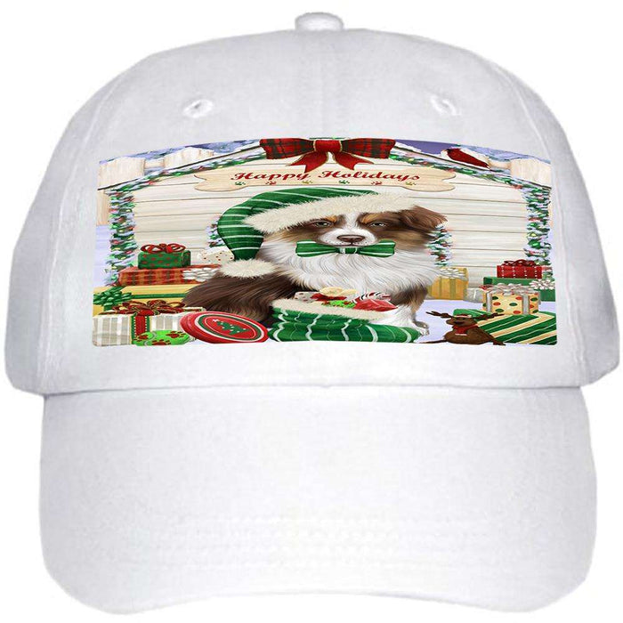 Happy Holidays Christmas Australian Shepherd Dog House With Presents Ball Hat Cap HAT60177