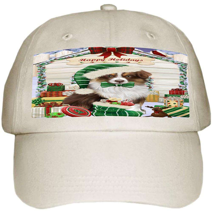 Happy Holidays Christmas Australian Shepherd Dog House With Presents Ball Hat Cap HAT60177