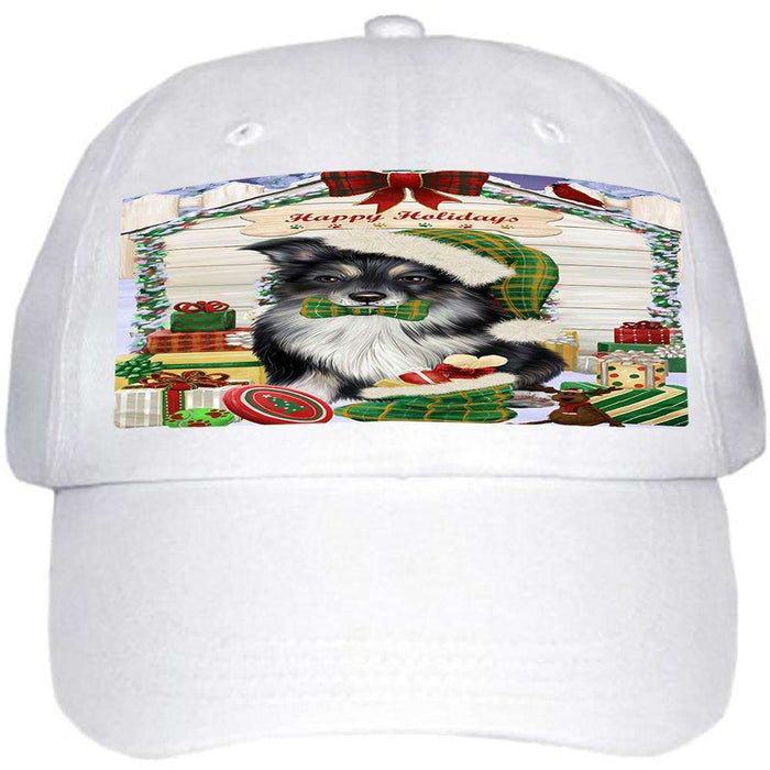 Happy Holidays Christmas Australian Shepherd Dog House With Presents Ball Hat Cap HAT60180