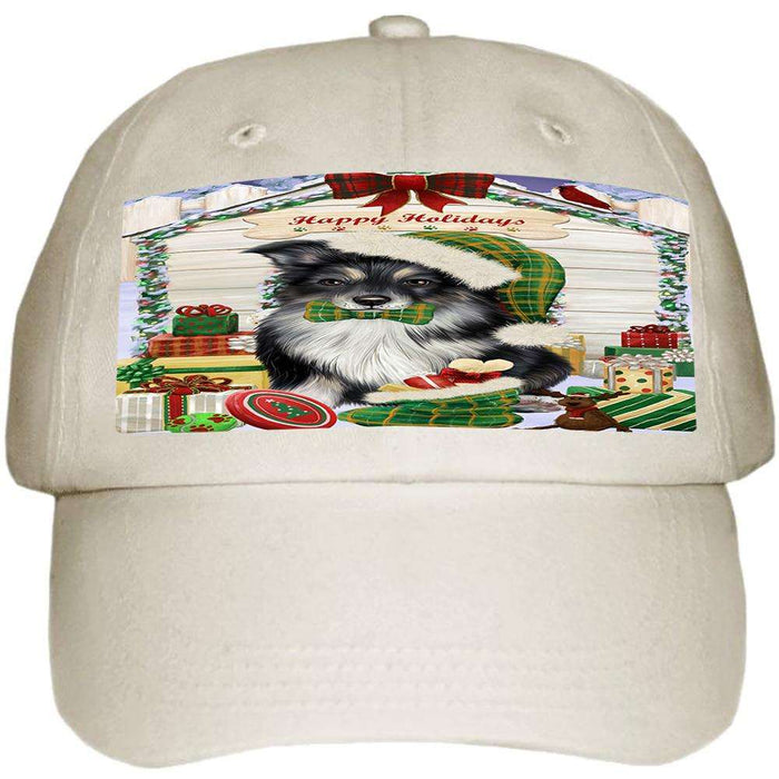 Happy Holidays Christmas Australian Shepherd Dog House With Presents Ball Hat Cap HAT60180