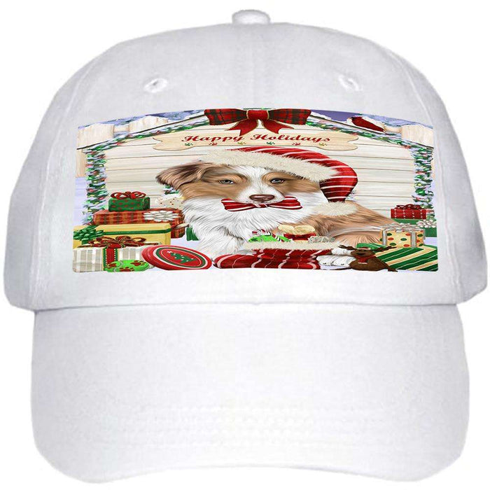 Happy Holidays Christmas Australian Shepherd Dog House With Presents Ball Hat Cap HAT60183