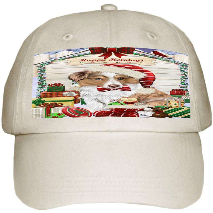 Happy Holidays Christmas Australian Shepherd Dog House With Presents Ball Hat Cap HAT60183