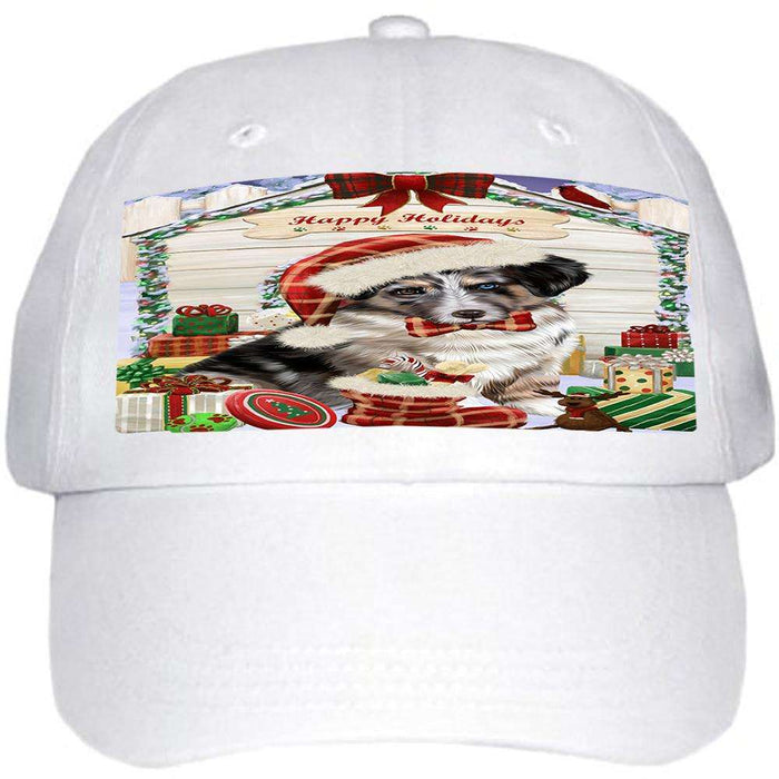 Happy Holidays Christmas Australian Shepherd Dog House With Presents Ball Hat Cap HAT60186