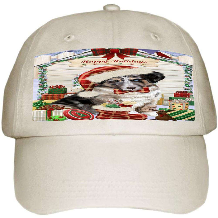 Happy Holidays Christmas Australian Shepherd Dog House With Presents Ball Hat Cap HAT60186