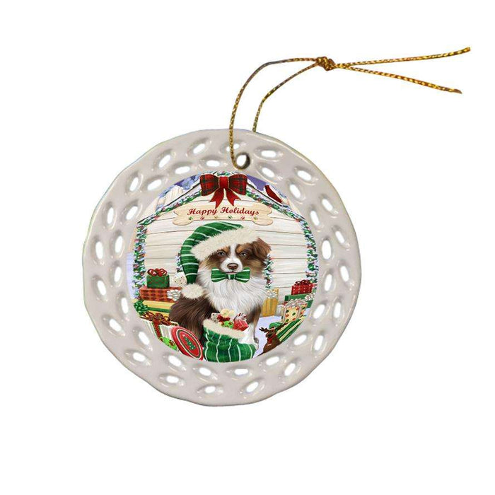 Happy Holidays Christmas Australian Shepherd Dog House With Presents Ceramic Doily Ornament DPOR52096