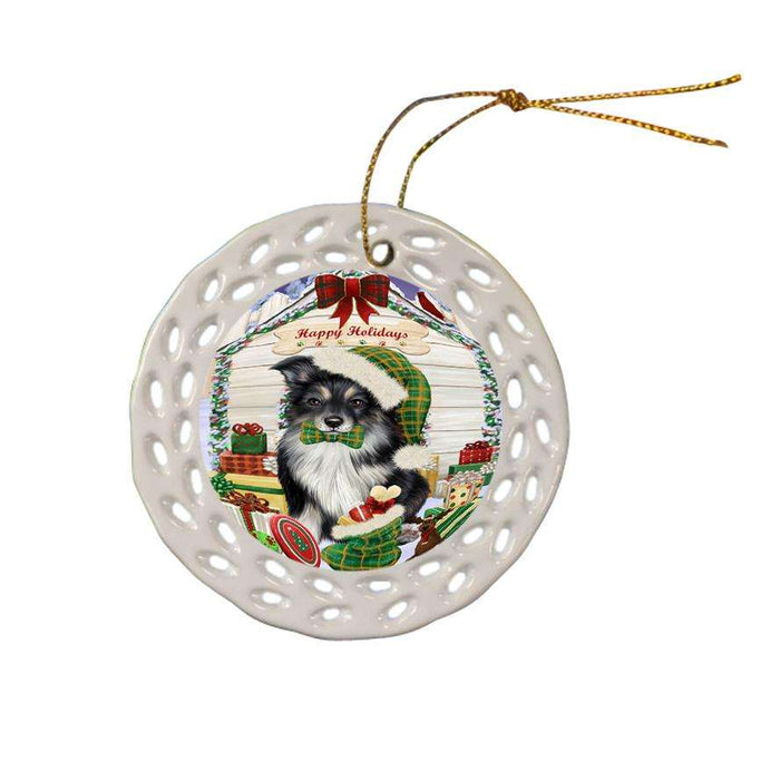 Happy Holidays Christmas Australian Shepherd Dog House With Presents Ceramic Doily Ornament DPOR52097