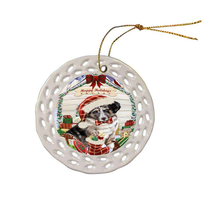 Happy Holidays Christmas Australian Shepherd Dog House With Presents Ceramic Doily Ornament DPOR52099