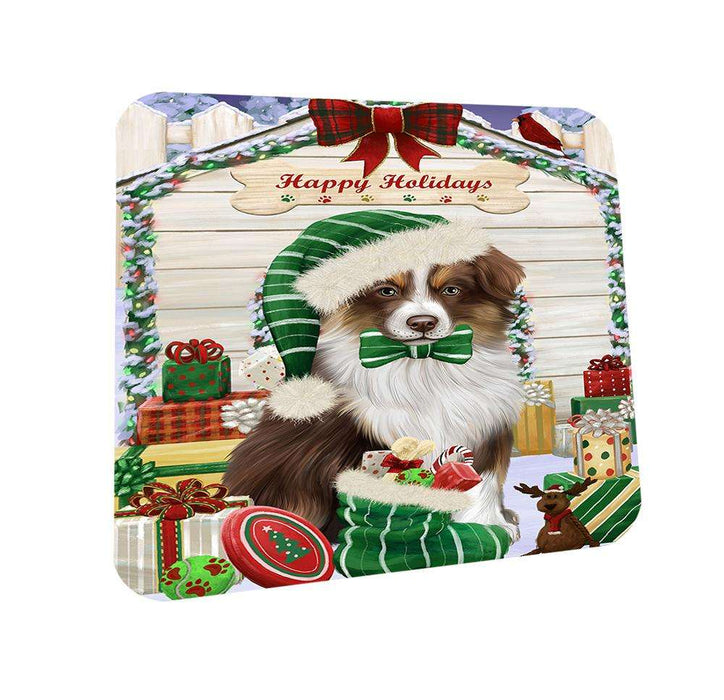 Happy Holidays Christmas Australian Shepherd Dog House With Presents Coasters Set of 4 CST52055