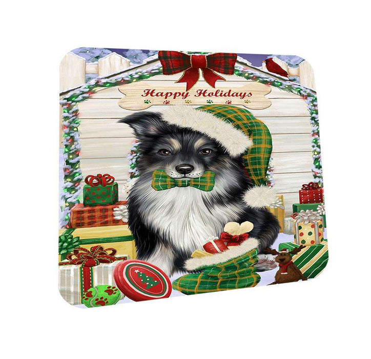 Happy Holidays Christmas Australian Shepherd Dog House With Presents Coasters Set of 4 CST52056