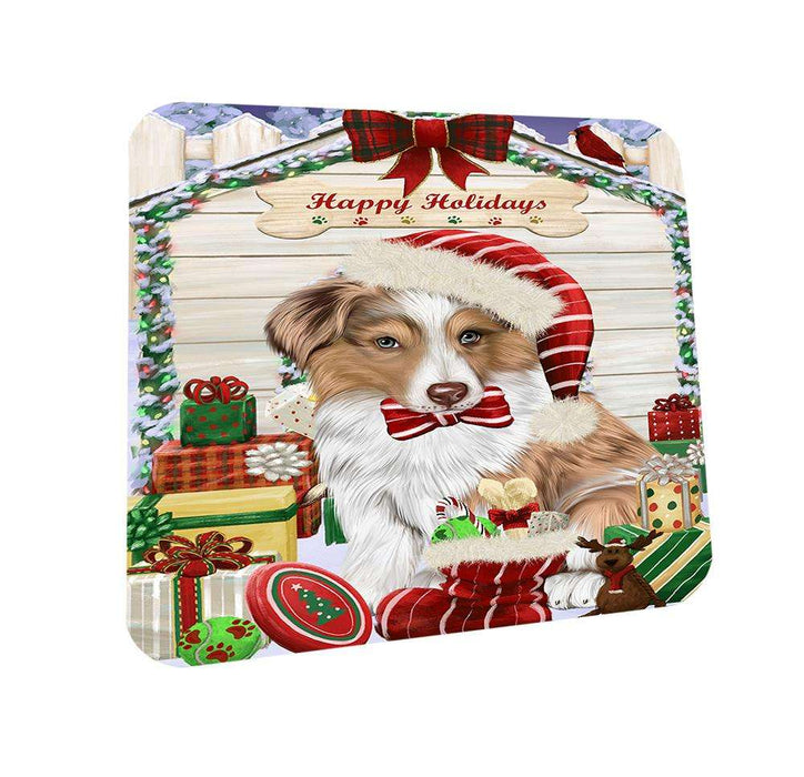 Happy Holidays Christmas Australian Shepherd Dog House With Presents Coasters Set of 4 CST52057