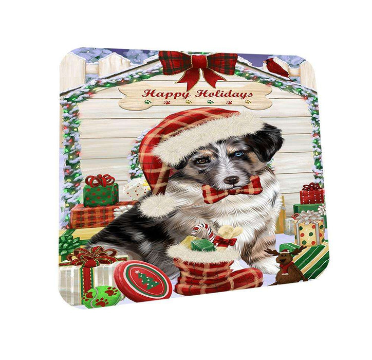 Happy Holidays Christmas Australian Shepherd Dog House With Presents Coasters Set of 4 CST52058