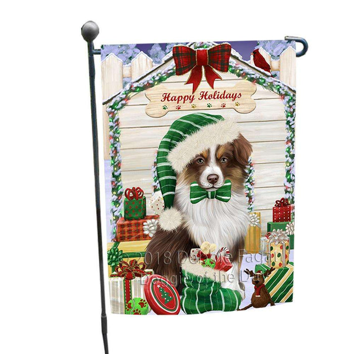 Happy Holidays Christmas Australian Shepherd Dog House With Presents Garden Flag GFLG52093