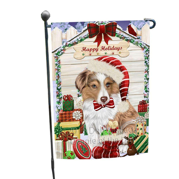 Happy Holidays Christmas Australian Shepherd Dog House With Presents Garden Flag GFLG52095