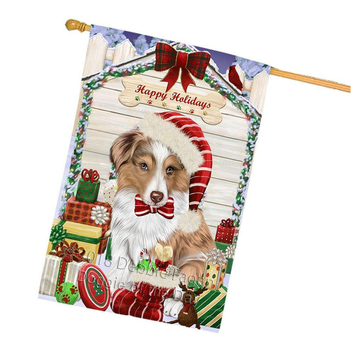 Happy Holidays Christmas Australian Shepherd Dog House With Presents House Flag FLG52231