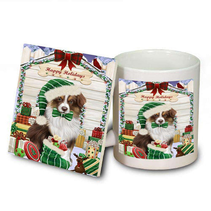 Happy Holidays Christmas Australian Shepherd Dog House With Presents Mug and Coaster Set MUC52088