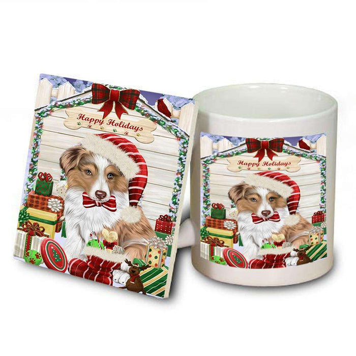 Happy Holidays Christmas Australian Shepherd Dog House With Presents Mug and Coaster Set MUC52090