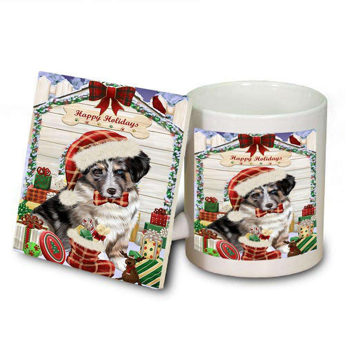 Happy Holidays Christmas Australian Shepherd Dog House With Presents Mug and Coaster Set MUC52091