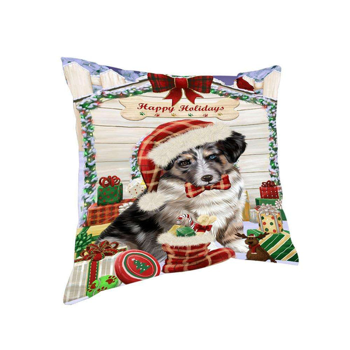 Happy Holidays Christmas Australian Shepherd Dog House With Presents Pillow PIL64760