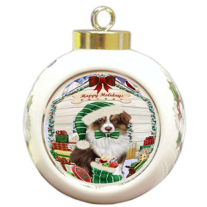 Happy Holidays Christmas Australian Shepherd Dog House With Presents Round Ball Christmas Ornament RBPOR52096