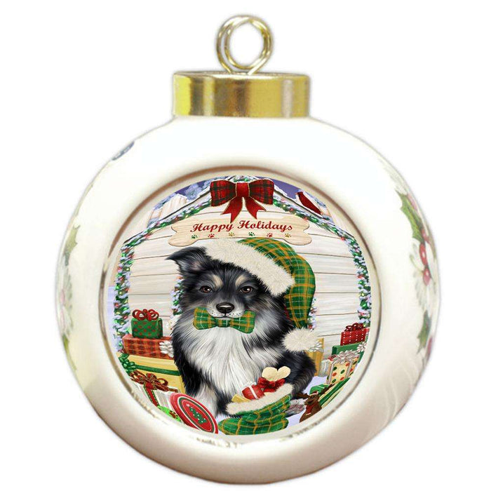 Happy Holidays Christmas Australian Shepherd Dog House With Presents Round Ball Christmas Ornament RBPOR52097