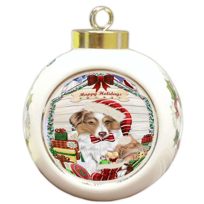 Happy Holidays Christmas Australian Shepherd Dog House With Presents Round Ball Christmas Ornament RBPOR52098