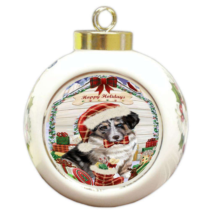 Happy Holidays Christmas Australian Shepherd Dog House With Presents Round Ball Christmas Ornament RBPOR52099