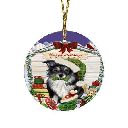 Happy Holidays Christmas Australian Shepherd Dog House With Presents Round Flat Christmas Ornament RFPOR52088