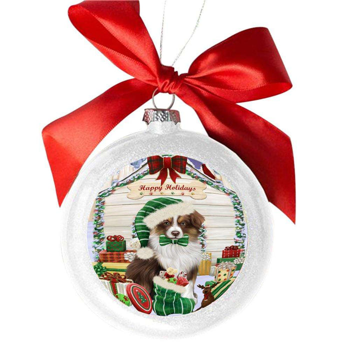 Happy Holidays Christmas Australian Shepherd House With Presents White Round Ball Christmas Ornament WBSOR49766