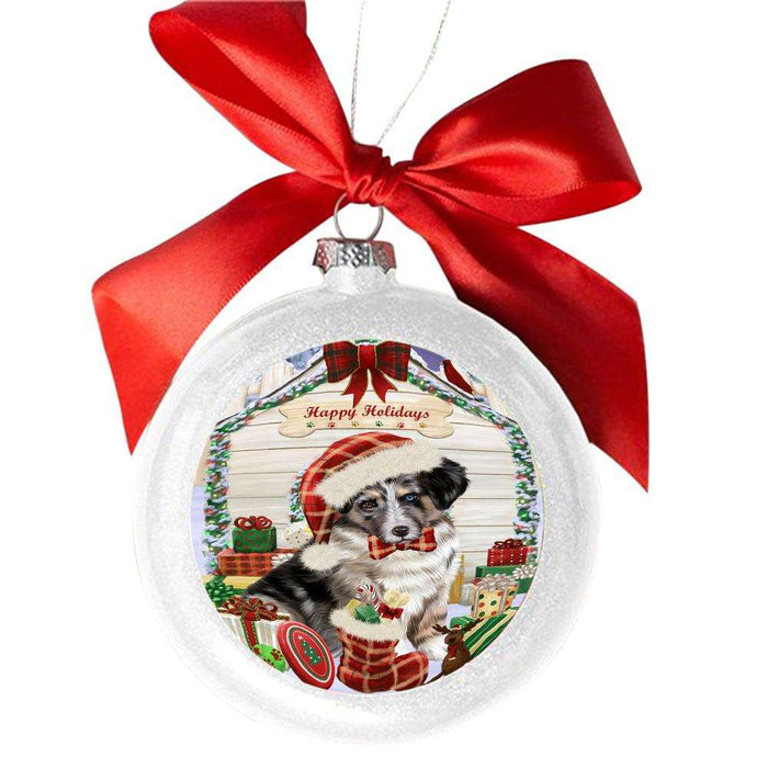 Happy Holidays Christmas Australian Shepherd House With Presents White Round Ball Christmas Ornament WBSOR49769