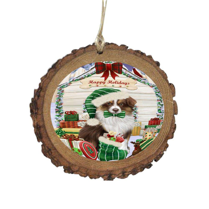 Happy Holidays Christmas Australian Shepherd House With Presents Wooden Christmas Ornament WOR49766