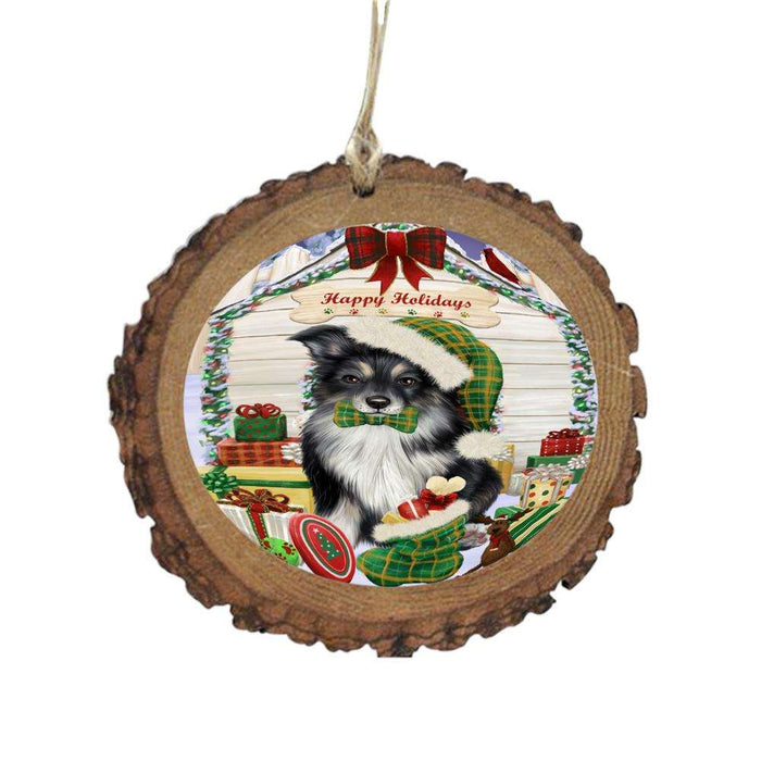 Happy Holidays Christmas Australian Shepherd House With Presents Wooden Christmas Ornament WOR49767