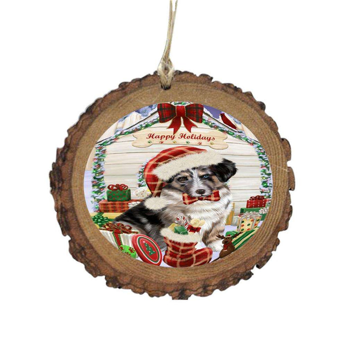 Happy Holidays Christmas Australian Shepherd House With Presents Wooden Christmas Ornament WOR49769