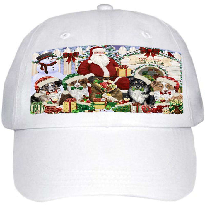 Happy Holidays Christmas Australian Shepherds Dog House Gathering Ball Hat Cap HAT57558