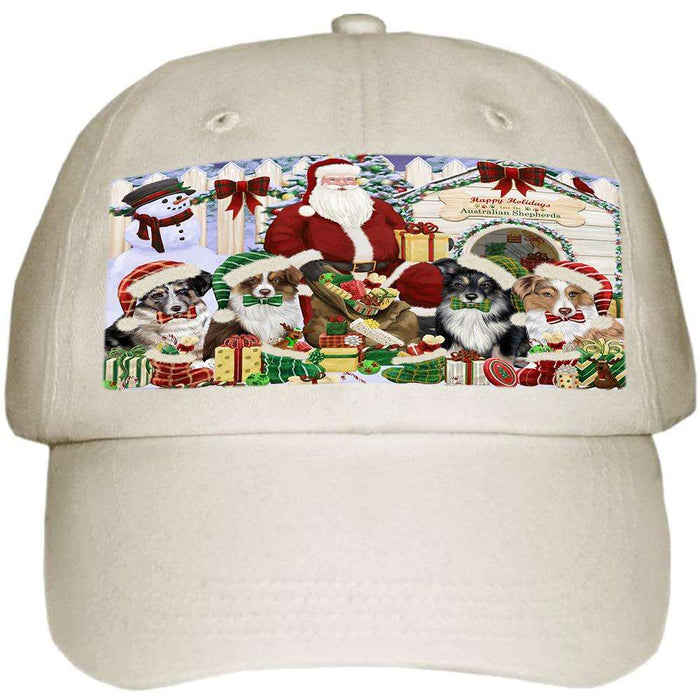 Happy Holidays Christmas Australian Shepherds Dog House Gathering Ball Hat Cap HAT57558